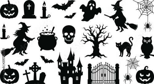 Fotografia Collection of Halloween silhouette vector set with haunted house, creepy tree, f
