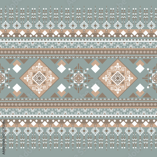 Detailed sage green and teal seamless pattern with repeating geometric borders. Inspired by native ethnic weaving and traditional folk art. Ideal for fabric print.