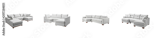 Four views of  large white sectional sofa with comfortable cushions and wooden base feet