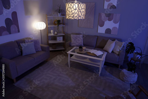 Fotografía Interior of stylish living room with cozy sofas, coffee table and glowing lamps