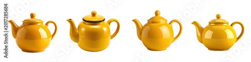 Four shiny yellow ceramic teapots arranged in  row to display their round shapes and curved handles