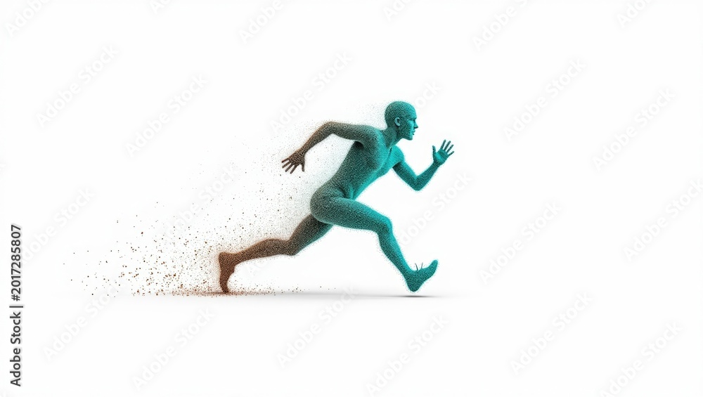 Fototapeta premium Running Man Silhouette Made of Particles on White Background: Speed, Motion, Human Energy and Fitness Technology