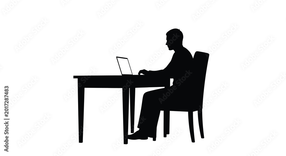 Fototapeta premium Silhouette of a man working on laptop at desk isolated on white background
