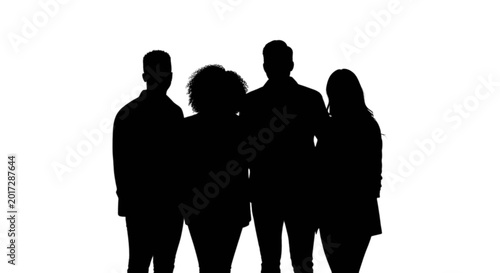 Fotografie Four silhouettes standing together in a line isolated on transparent background,