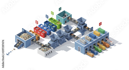 Isometric illustration of a modern waste recycling plant with sorting and processing.