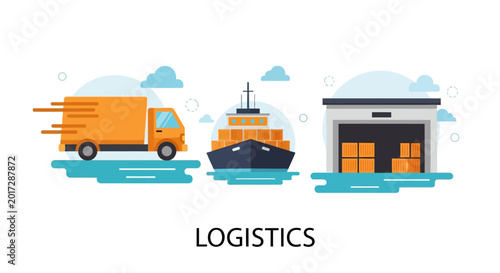 Logistics and transportation concept with truck, ship, and warehouse illustration.