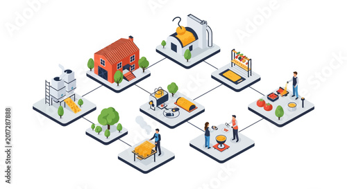 Isometric illustration of a factory with multiple interconnected buildings and workers.