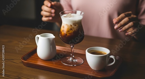 A person's hands resting on a wooden table next to a tray with an iced coffee, a small pitcher of milk, and a cup of black coffee.