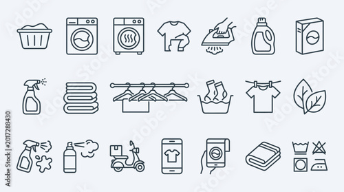 Fotografie A comprehensive collection of line art icons representing various aspects of laundry services and home care, including washing machines, clothing, cleaning supplies, and delivery