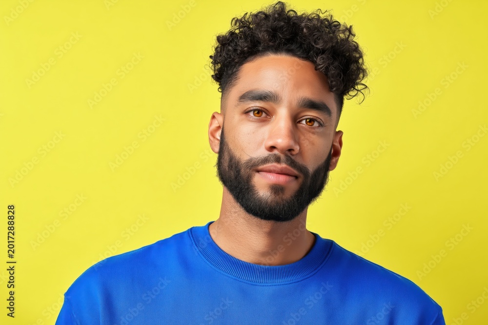 Obraz premium Man with curly hair posing against bright yellow background