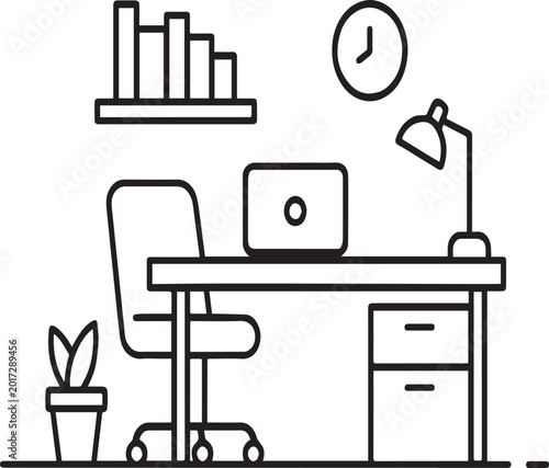 Minimalist office workplace outline icon featuring a laptop on a desk isolated on a white background for business branding projects.