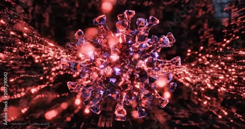 Abstract visualization of a virus with glowing particles set against a digital background