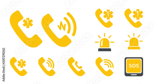 Photos Emergency Call Icons Set, SOS Alert, Phone Symbol, Siren, Medical Help