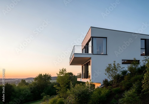 Modern luxury house with balcony on a hillside during a beautiful sunset