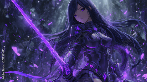 female knight anime character with a purple themed sword