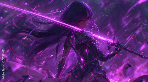 female knight anime character with a purple themed sword