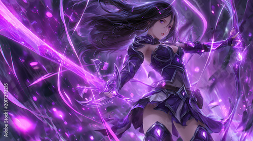 female knight anime character with a purple themed sword