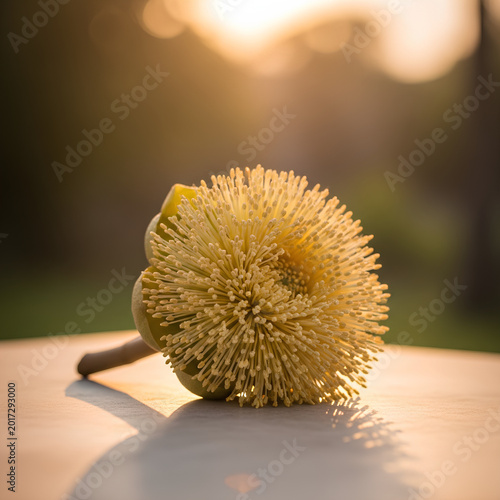 Closeup shot of a yellow flower with a blurred background and sunlight.