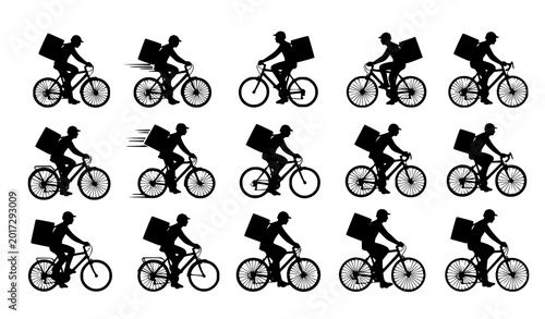 Photos Delivery rider bicycle silhouettes set courier with insulated bag vector eps10