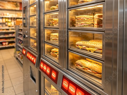 Close-up of sandwich vending machines inside a bright, modern convenience store, showcasing delicious ready-to-eat options.