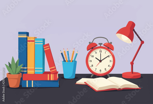 Stack of Books and Alarm Clock on a Flat Lay Background Illustration