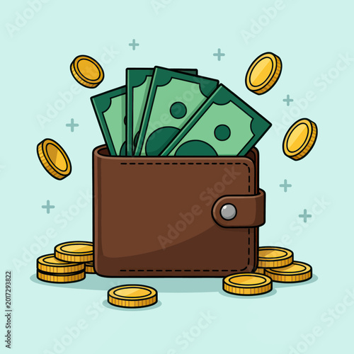 Stack of Money and Coins Spilling Out From Open Wallet Illustration