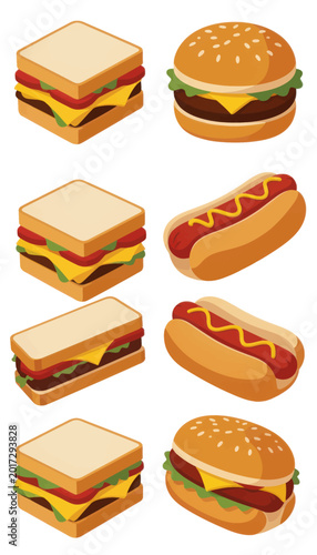 Stack of Delicious Gourmet Hamburger and Hot Dog Food Icons Illustration