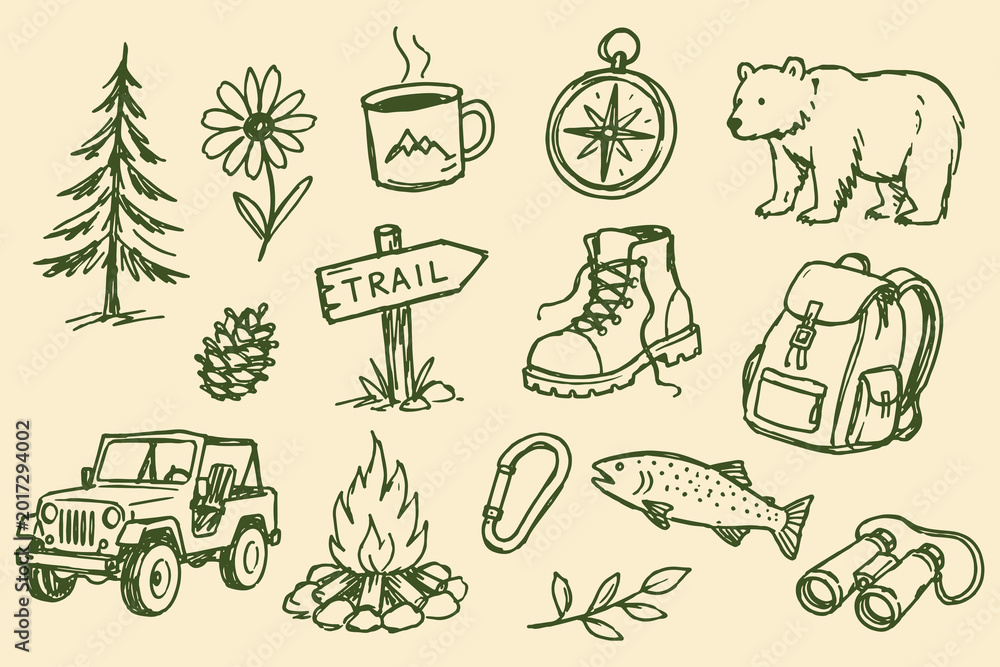 Fototapeta premium Camping Hiking Outdoor Icon Set Green Sketch Vector