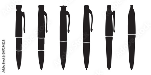 Quadro su tela Profile silhouettes of modern ballpoint pens with clips for stationery catalogs and business office concepts