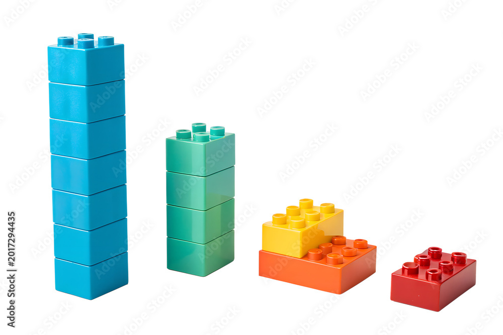Fototapeta premium Colorful LEGO Bricks Tower Stack, Rainbow LEGO Blocks Minimalist Arrangement, Tall Blue Green LEGO Construction, Creative LEGO Building Blocks Display, Vibrant Primary Color LEGO Towers