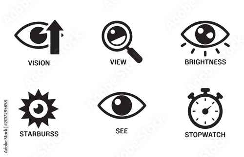 Set of vision eye icons including view brightness starburst see and stopwatch vector illustration.