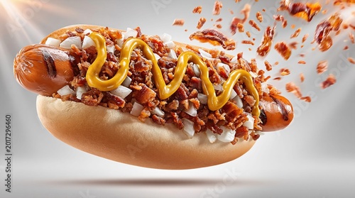 Exploding hot dog with tasty ingredients