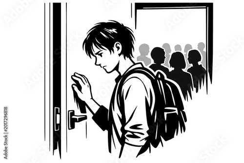 Cuadro en lienzo Student hesitating to enter a room with a crowd social anxiety young adult hesit