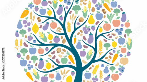 Photos Healthy food tree illustration with fruits, vegetables, grains, and nuts