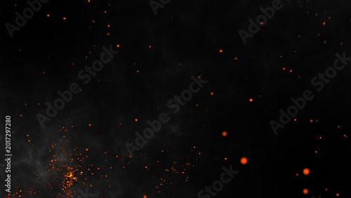 Foto Glowing fire sparks and burning embers flying in a dark smoke background
