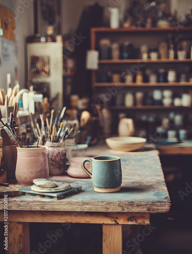 Pottery studio workspace with ceramic mug, paint brush holder, handmade craft tools, rustic table, and soft copy space for artisan work