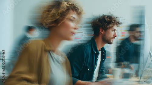 Multi role creator switching jobs concept blurred motion in office with young adult man and woman, teamwork and fast work change