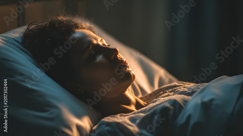 Sleeping patient resting peacefully in hospital bed with soft light on face, serene expression and calm nighttime medical environment