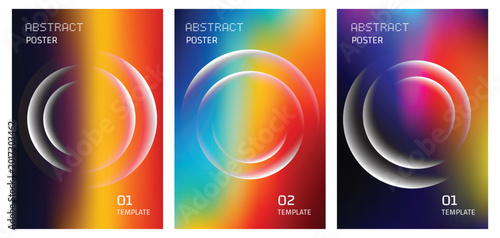 Collection of abstract poster templates with colorful gradient backgrounds and glowing circular elements, contemporary graphic design for media