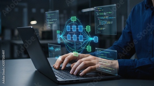Programmer coding on laptop with futuristic data processing interface