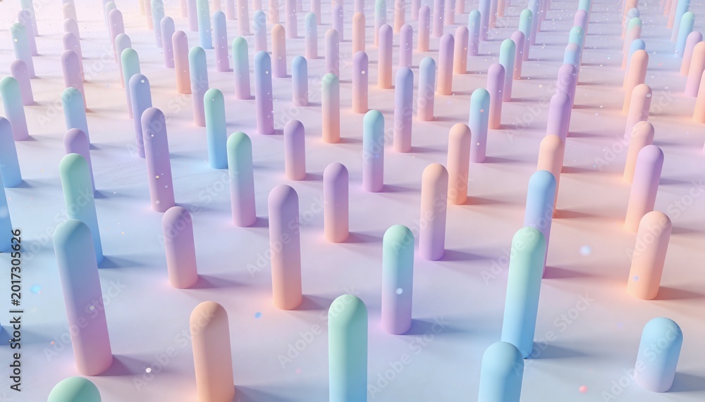 Fototapeta premium Forming pastel rounded cylinders receding across studio floor, shadows casting, particles drifting