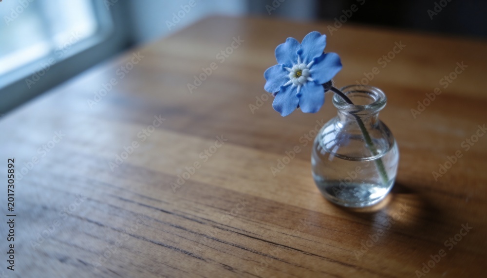 Fototapeta premium Sitting clear bud vase holding blue five-petaled flower with water on wooden table, copy space