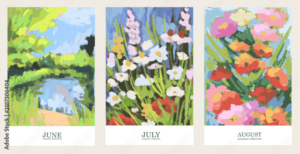 Fototapeta premium Abstract field, garden, wild flowers set. Summer landscape scene wall art or placard with pastel colored wax crayons drawings. Watercolor flower aesthetic for greeting wedding card and t-shirt print.