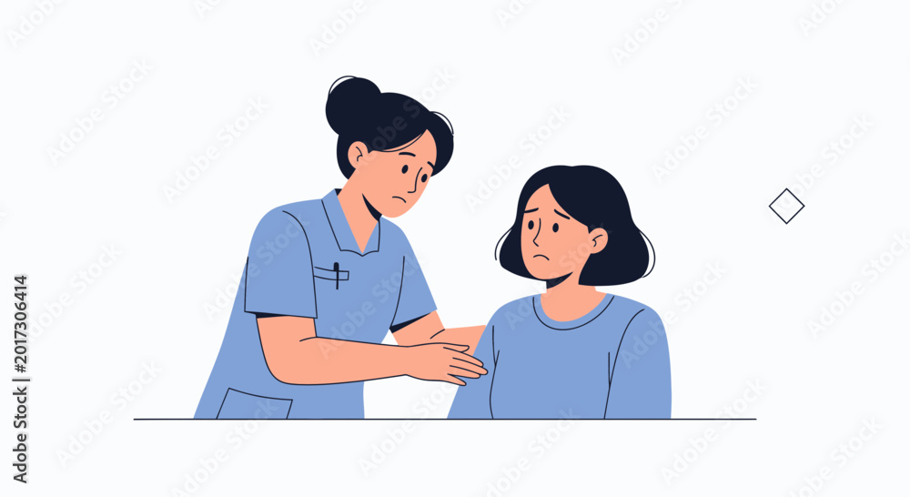 Fototapeta premium Nurse comforting young girl, professional care, empathy, support, healthcare illustration