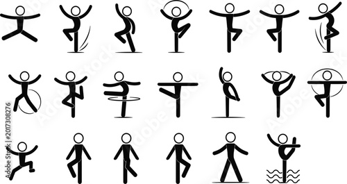 Photos Dance and Gymnastics Stick Figure Icon Set Featuring Minimalist Black Silhouette