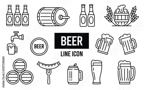 Foto Collection of black line icons depicting beer barrels and associated elements