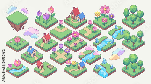 Quadro su tela Isometric landscape and nature graphic elements.