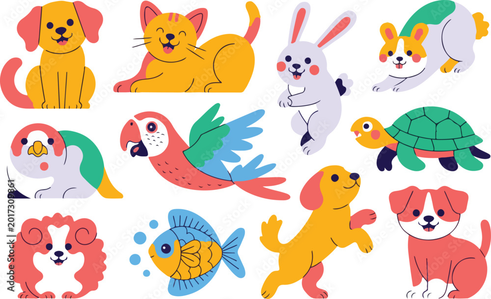 Fototapeta premium Cute cartoon pet characters set adorable happy puppy kitten rabbit dog turtle bird fish vector illustration.