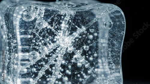 closeup extreme macro shot of a cracked ice cube with trapped air bubbles and internal fractures on a dark background, cold abstract texture