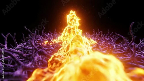 abstract fiery energy humanoid figure rising from a dark eerie forest of purple tentacles, dramatic orange glow and sparks